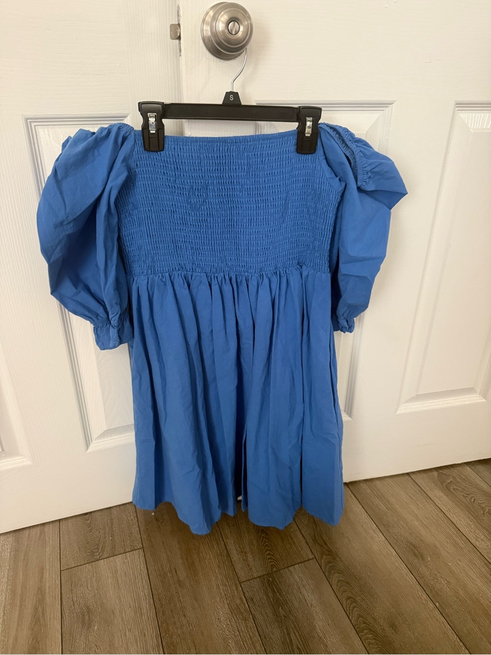 Smocked Off-Shoulder Puff Sleeve Dress in Blue